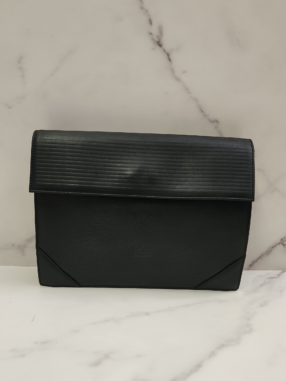 Authentic Black Leather Vintage YSL clutch With Digital COA